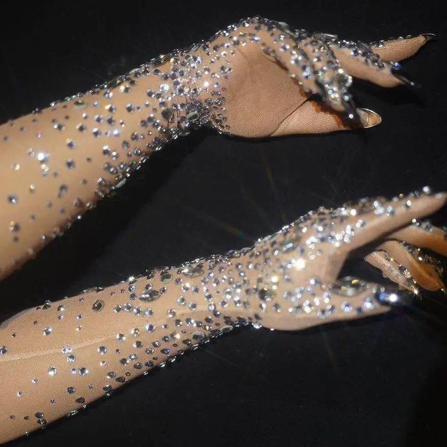 Rhinestones Luxury Gloves Women Sparkly Crystal Party Prom Mesh Elbow Long Gloves Dancer Singer Nightclub Stage Show Accessories