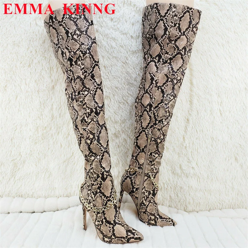 

Fashion Women Snakeskin Thigh High Boots Pointed Toe Metal Chain Over the Knee Boots Snake Prints High Heels Party Shoes Woman