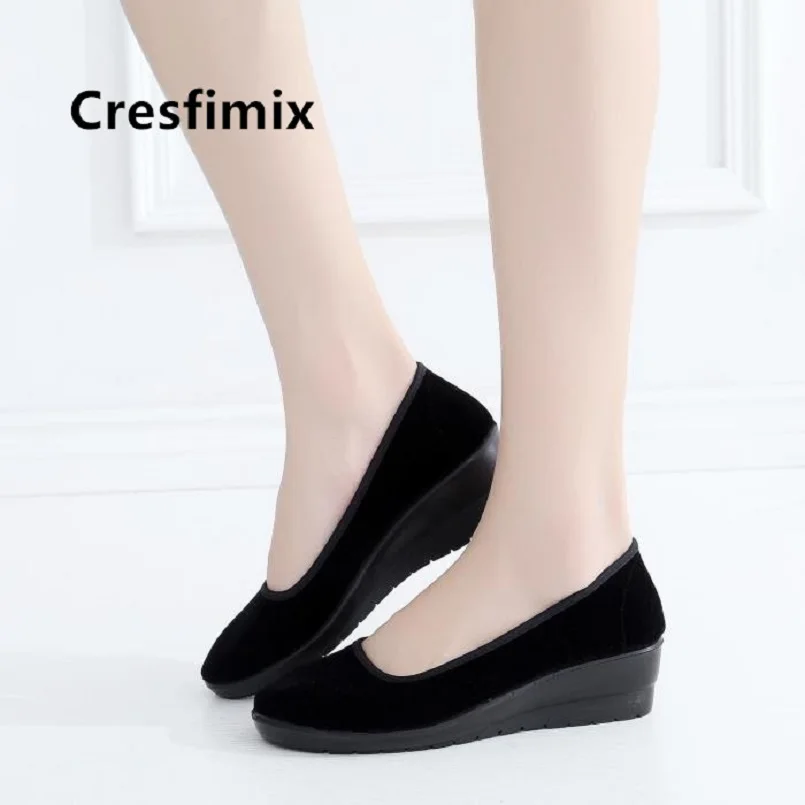 Cresfimix women fashion wedge heel black ballet shoes ladies casual dance shoes cool slip on spring shoes dames schoenen a5489