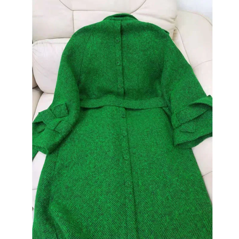 Women\'s X-Long Woollen Overcoat with Belt, New Fashion Jacket, Female Clothes, Green Color, Autumn and Winter, 2024