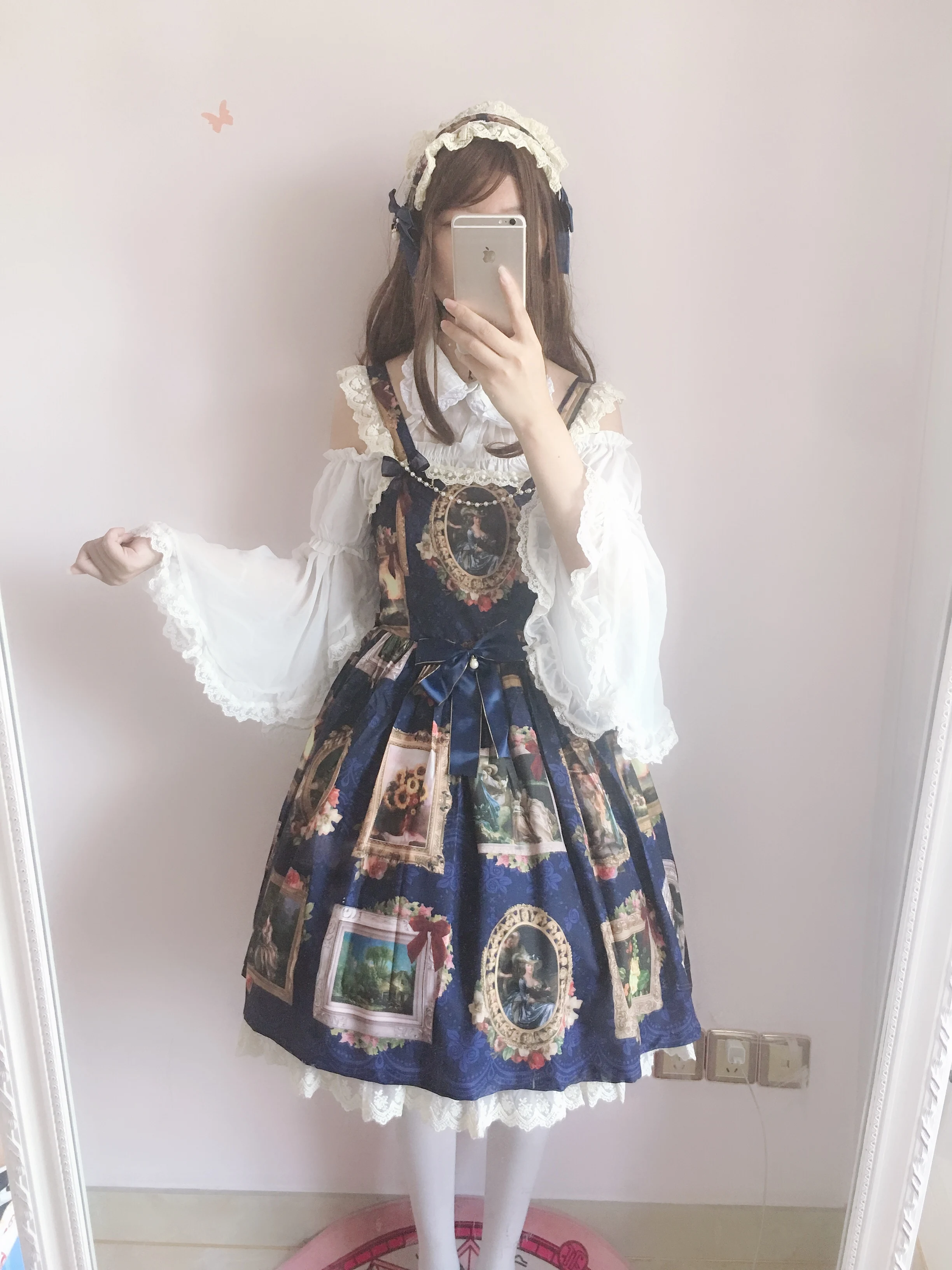 Sweet Lolita Vintage Falbala Bowknot น่ารักพิมพ์สูงเอวเจ้าหญิงชุดวิคตอเรีย Kawaii สาว Gothic Lolita Cos Loli