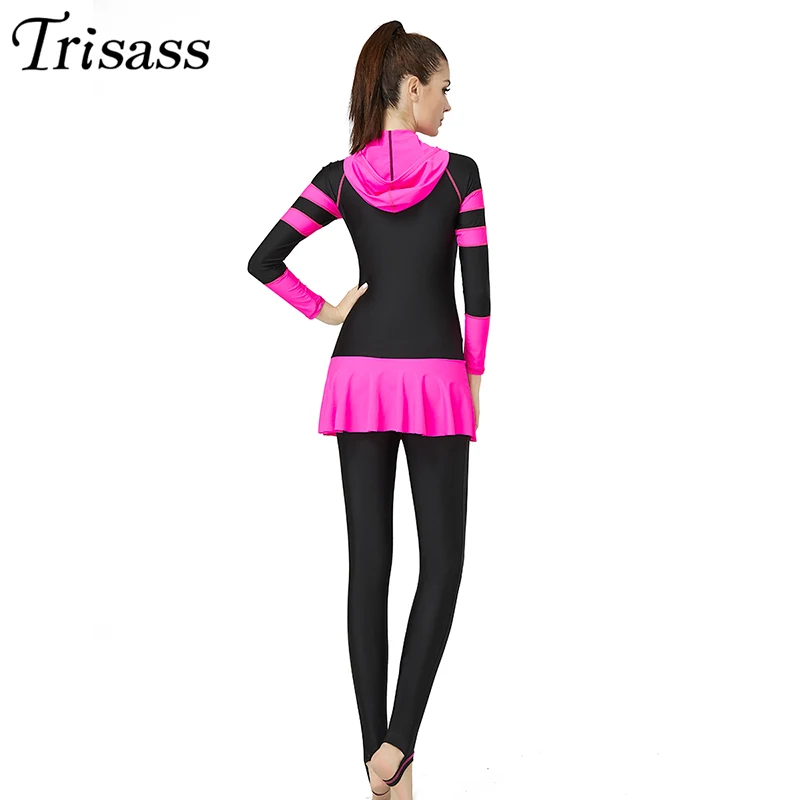 Trisass 2020 New Women Skirt One Piece Swimsuit Plus Size L-6XL Sport Long Sleeve Bodysuit Long Pants Surf suit With Zipper Cap