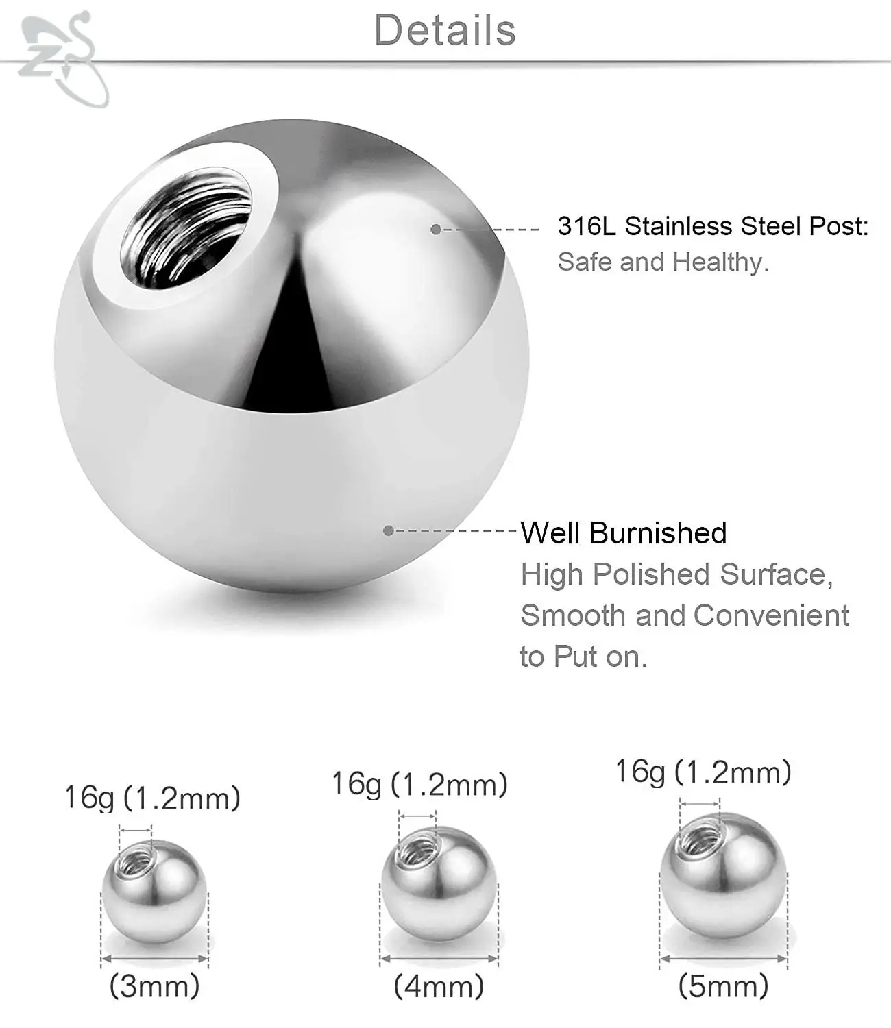 ZS 10/30/100 шт. шарики из нержавеющей стали 18 г 16 г полированный винт для пирсинга сменный шариковый нос ушной лабретки аксессуары для пирсинга