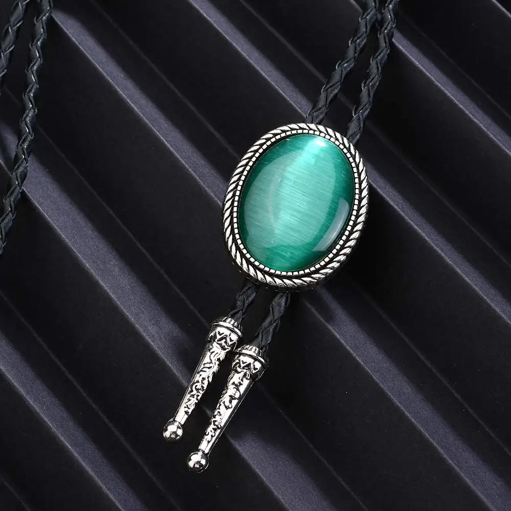 Naturel stone Green cat eye bolo tie for man Indian cowboy western cowgirl leather rope zinc alloy necktie