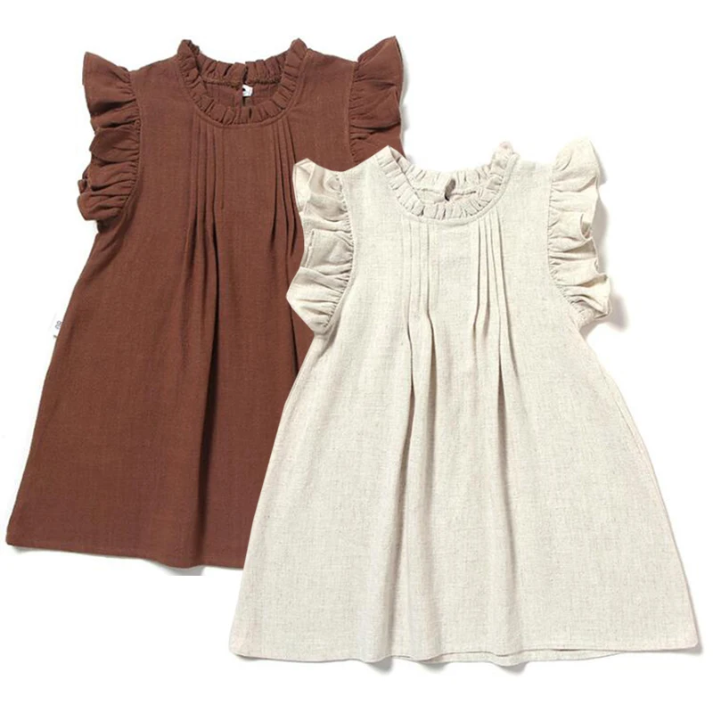 Korean Style Casual Fashion Clothes Summer Infant Girls Cotton Linen Dress Kids Party Dresses Newborn Baby Girls Princess Dress