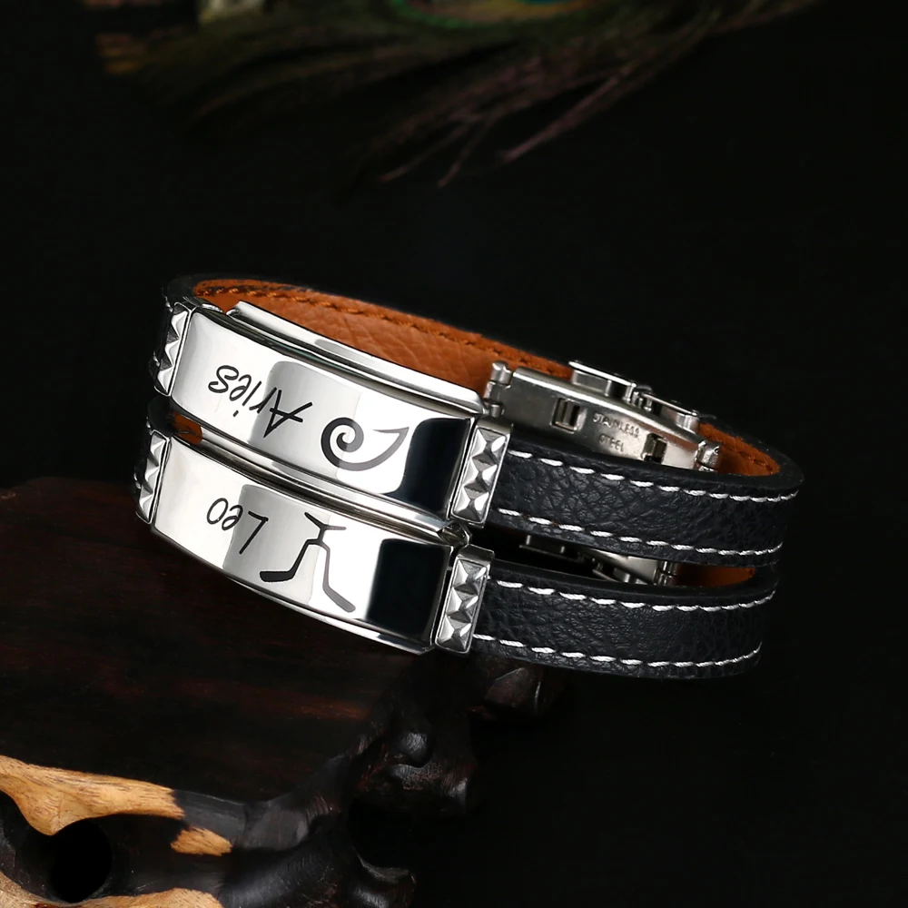 12 Constellations Cuff Bracelet Personalized Jewelry Black Leather Stainless Steel Pulseras Hombre Zodiac Signs Punk Bracelet Ho