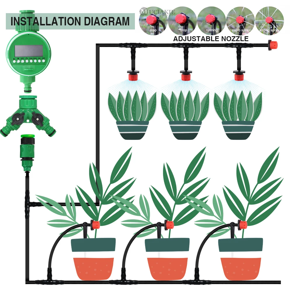 5-50M Garden Drip Irrigation Automatic Watering System Kit 1/4\'\' Nozzles for Bonsai Pot Plant Lawn Flower Vegetable Greenhouse