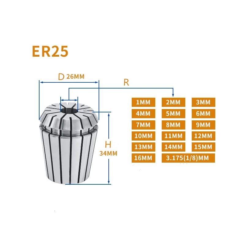 1PCS  ER25 1mm-20mm Collet Chuck Tool Bits Holder Spring Collet for CNC Engraving Machine Milling Lathe Tool spindel motor clamp