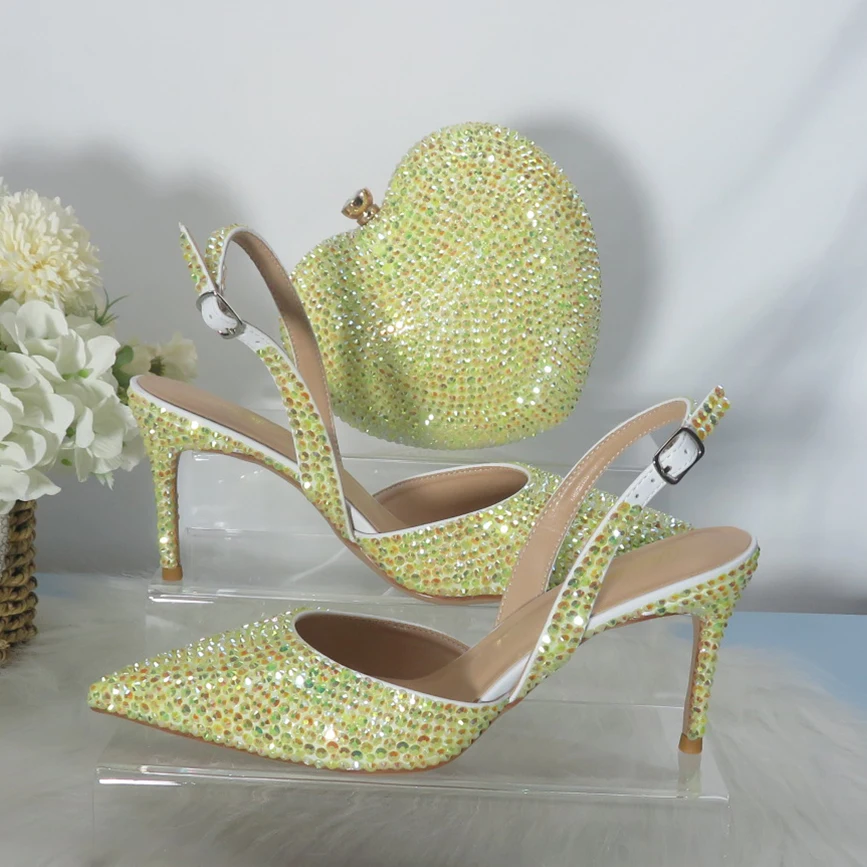 2022 New Arrival Heart Yellow Bling Pointed Toe Wedding Shoes and bag Woman High Pumps Thin Heel Party Dress Shoes Slingbacks