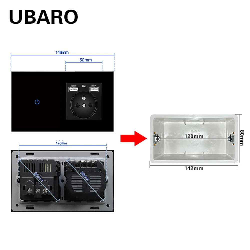 UBARO France Standard Wall Light Touch Switch With Tempered Crystal Glass Panel USB Socket Sensor Button Outlets Combination
