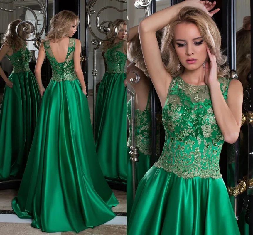 2022 Green Corset Back Evening Dresses Long A Line Top Lace Beads O Neck Satin Prom Party Gown Arabic Robe De Soiree