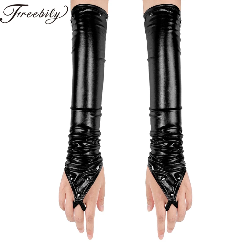 Fashion Night Club Party Pole Dancing Patent Leather Long Gloves Women Gothic Punk Fingerless Latex Gloves Cosplay Rave Costumes