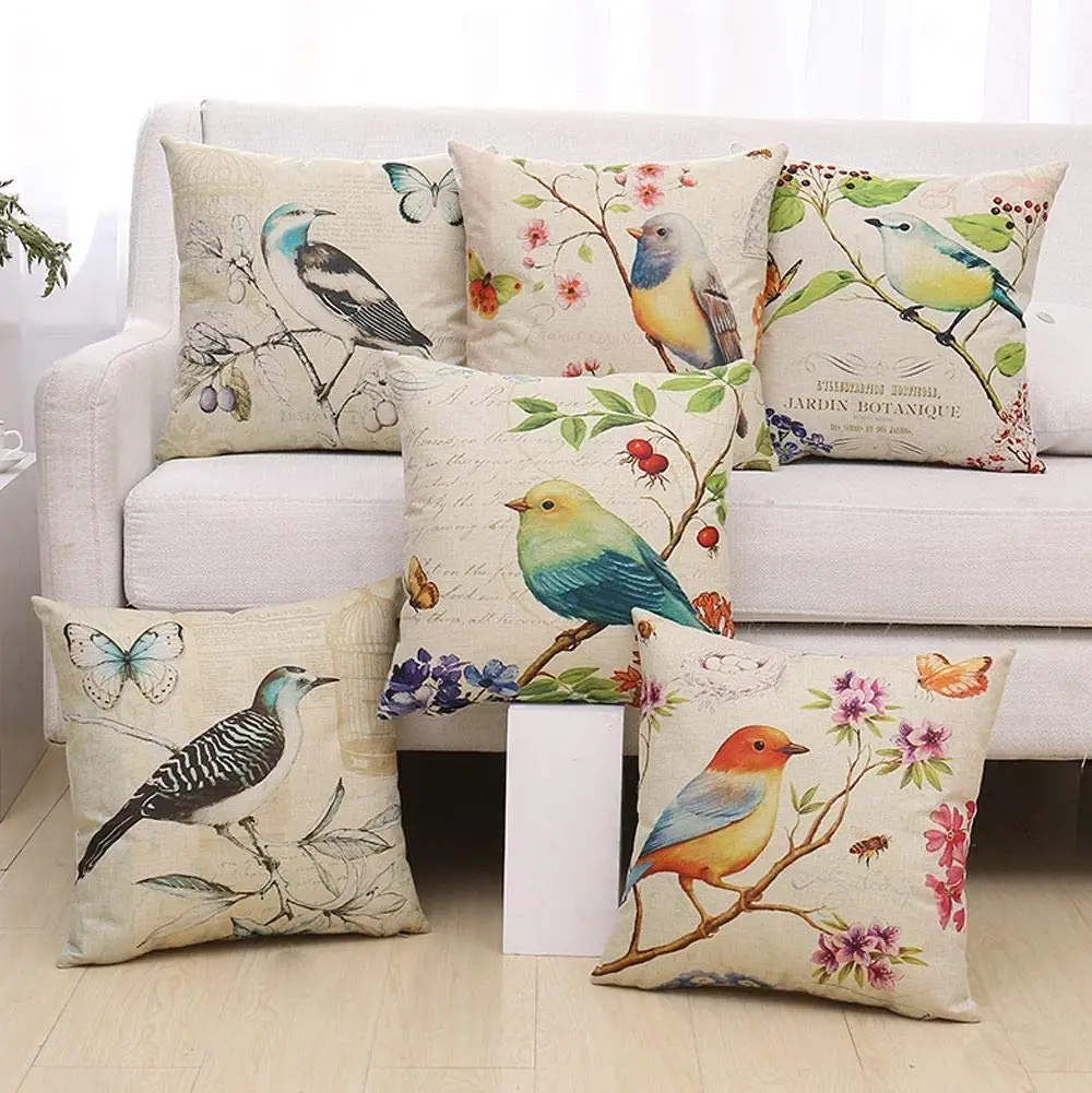 Flower and bird pattern linen pillowcase, living room sofa cushion cover, home decoration, birdie pillowcase  fall decor 40x40