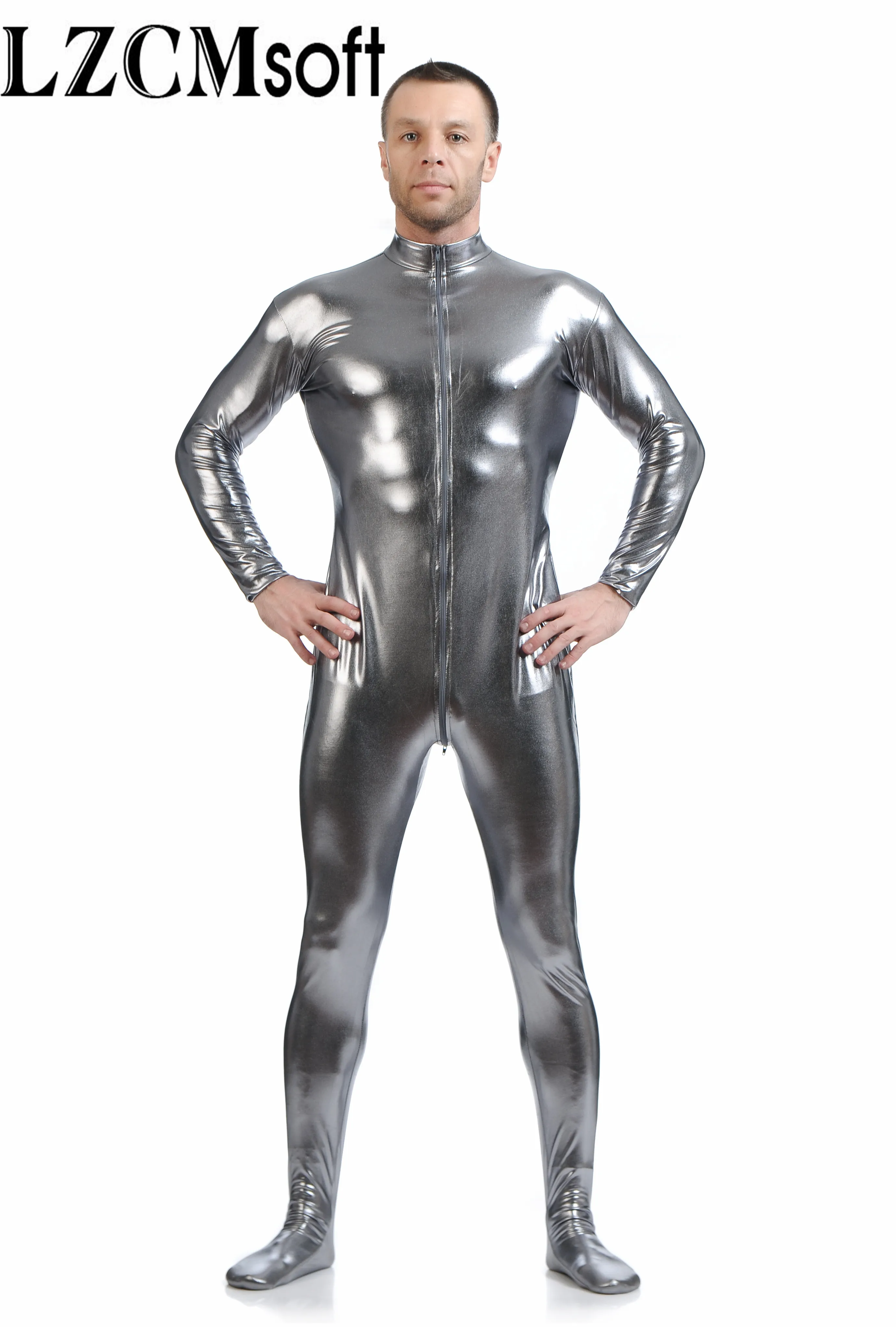 LZCMsoft-traje Zentai sin cabeza para hombre, body dorado brillante, cuello simulado, medias de segunda piel de una pieza, cremallera en la entrepierna