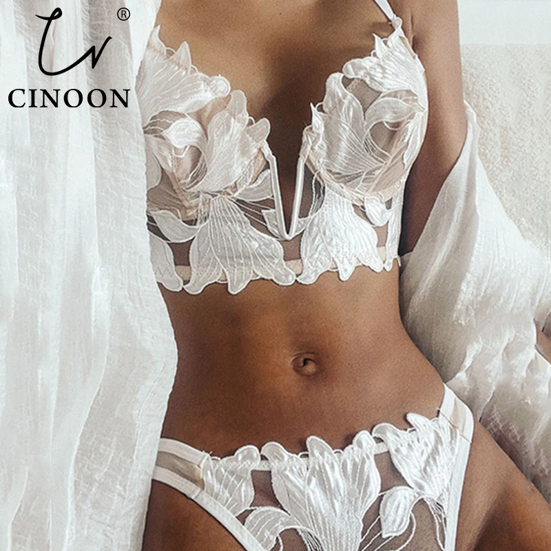 

CINOON Sexy French Lace Embroidery Brassiere Lingerie Set Women's Underwear Set Push Up thin Bralette Deep V Bra and Panty Set