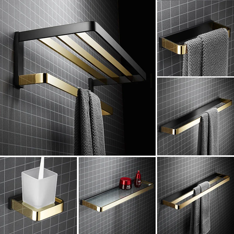 Black & Gold Bathroom Hardware Accessory Set Brass Towel Rack Paper/Toilet Brush Holder Corner Shelf Soap Dish Safety Handrail