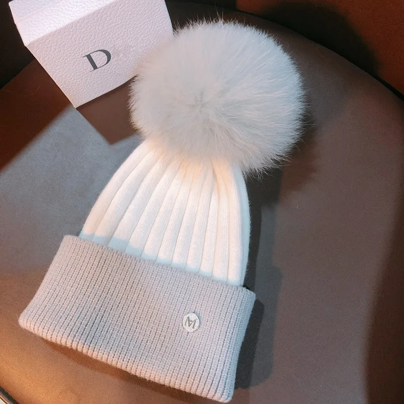 Beanies for Ladies Cotton Kintted M Letter Fox Fur Pompom Beanies Baby Hats Winter Warm Women Beanies Ear Elastic White Saller