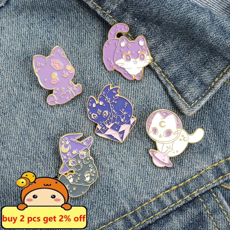 Moon Cat Enamel Pins Purple Wizard Hat Wild Witch Crystal Space Cat with Wing Kitten Brooches Magic Jewelry Gift Women Wholesale