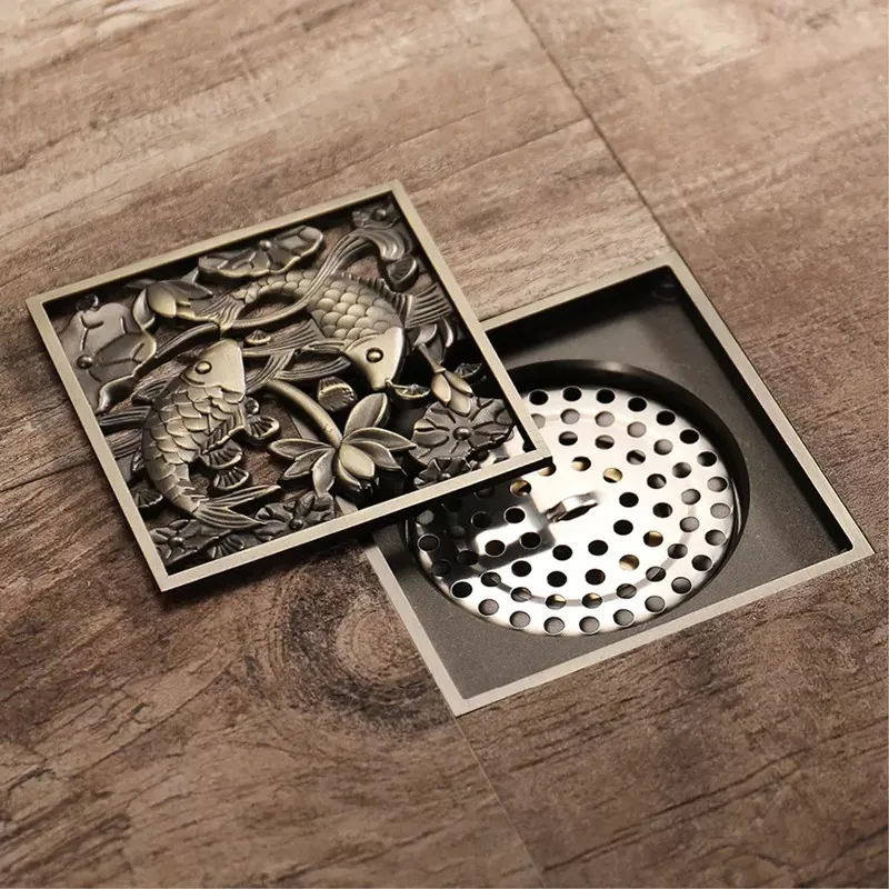 Antique Brass Floor Drain Square Balcony Drainage Filter Odorproof Bathroom Cover Special Relief Design Sink Strainer