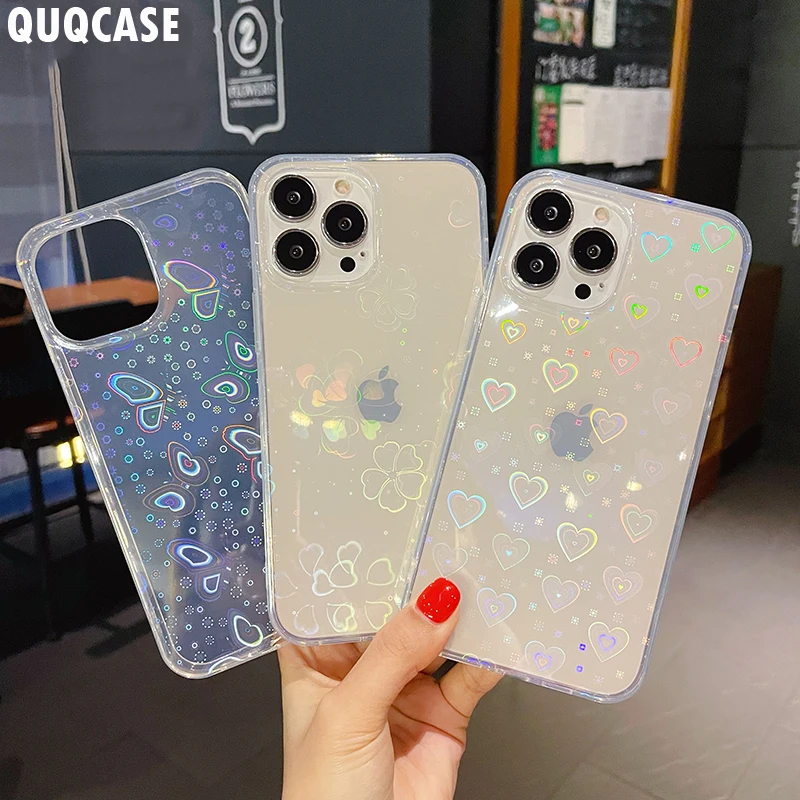 Reflective Holographic Heart Phone Case For iPhone 14 13 11 Pro Max 12 Mini XR 7 8 Plus XS X SE 2020 Laser Butterfly Clear Cover