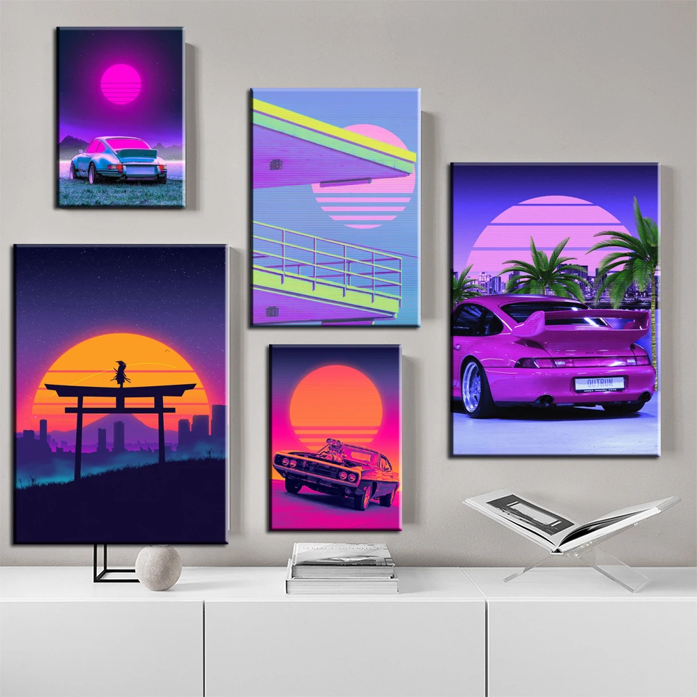 Wall Art Canvas 80s Outrun Vaporwave StylePoster City Night CAR HOUSE SUNSET Poster Painting Kawaii Room Decor Home Decoration