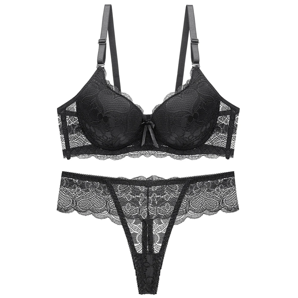 Sexy push up regulowana bielizna koronkowa akceptuj supernumerary biustonosz pogrubienie zestaw biustonosz i stringi bielizna wysokiej jakości zestaw — zdjęcie 4