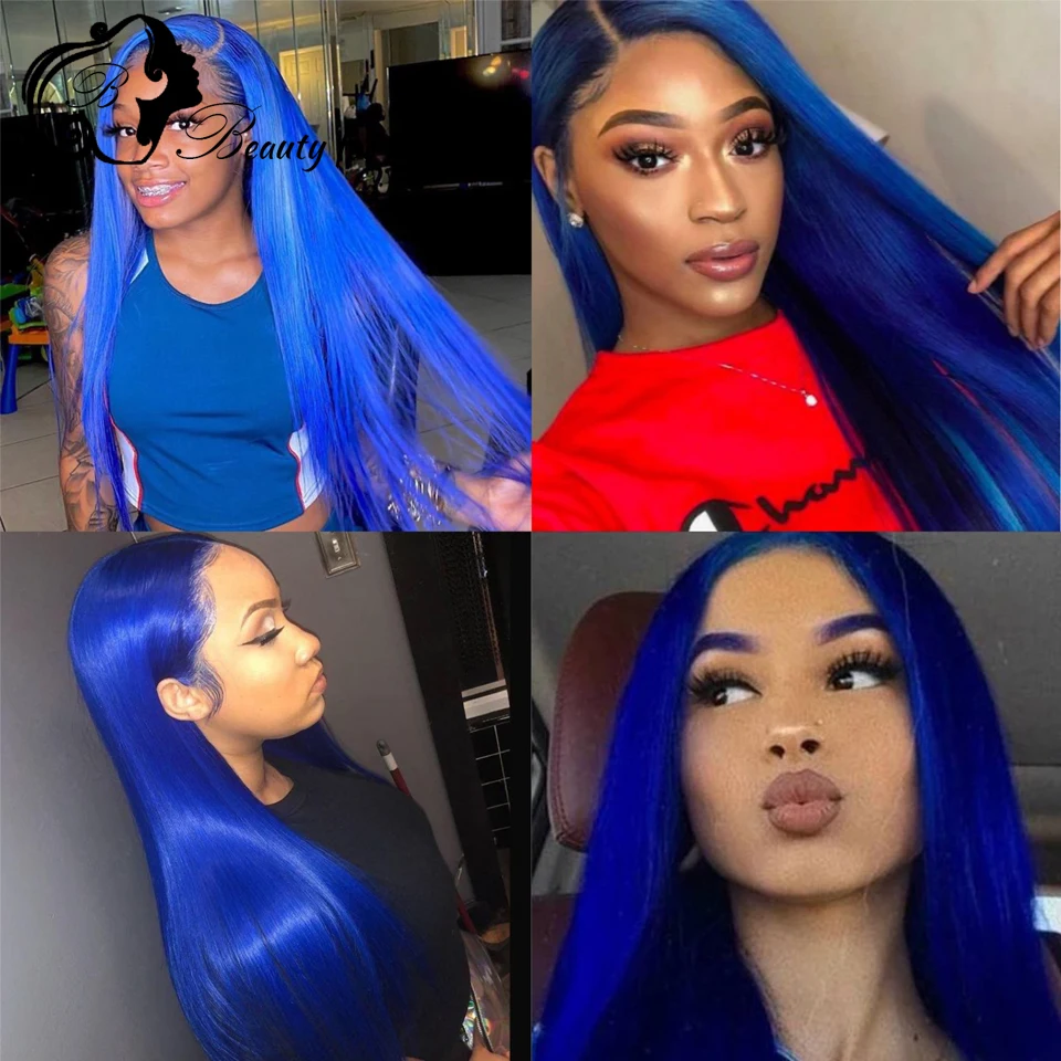 

200 Density Brazilian Colored Human Hair Wig Bright Blue Long Straight Transparent Lace Frontal Wigs Wear And Go For Women