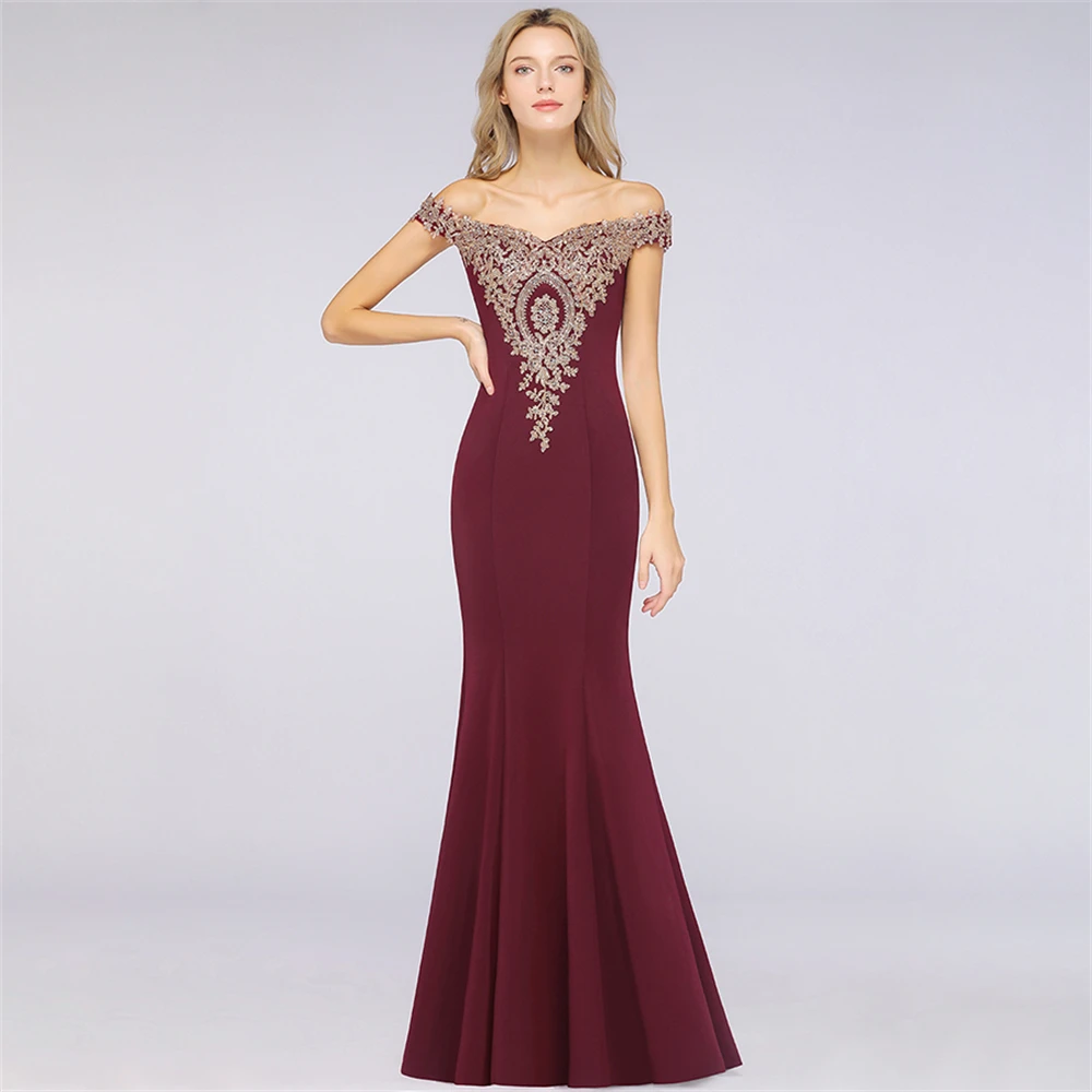 Vestidos largos de dama de honor para mujer, vestido de sirena sin hombros, con apliques de encaje dorado, para fiesta de boda, sin espalda, de otoño, en oferta