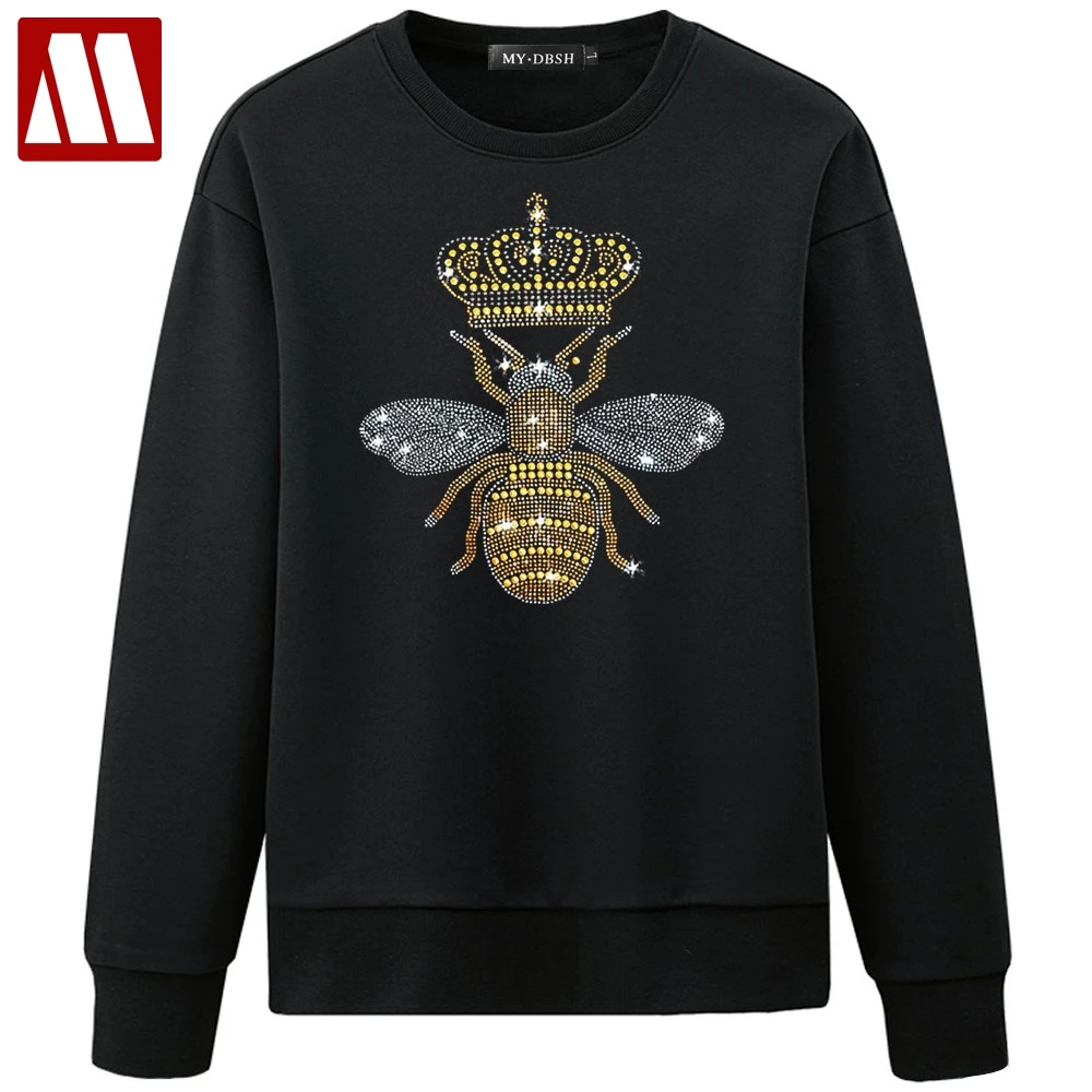 

Crown The Bees Sweatshirt Bee Printed Crewneck Hoodies Women's Vegan Crystal Diamond Pullover Hot Fix Rhinestone Lady Big Size