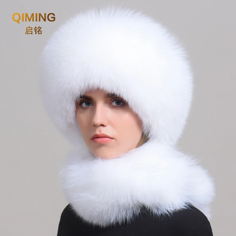 

New Winter Fox Fur Hat Fashion Warm All-match Fur Cap Pompom Female Scarf One Rabbit Fur Ear Protection Full-hair Big Circle