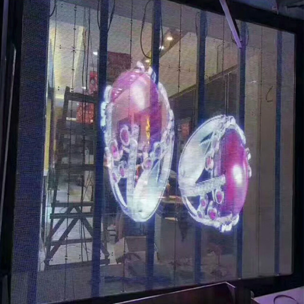 شاشة LED شفافة P3.91-7.81 شاشة إعلان إلكترونية داخلية كاملة الألوان زجاج نافذة عرض لوحة حجم 1000*500 مللي متر