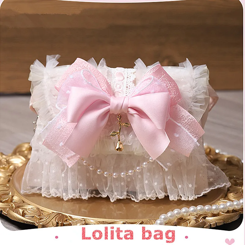 

Lolita bag elegant pearl chain bag lace bowknot Japanese pearl handbag sweet lolita girls kawaii loli cosplay gothic loli