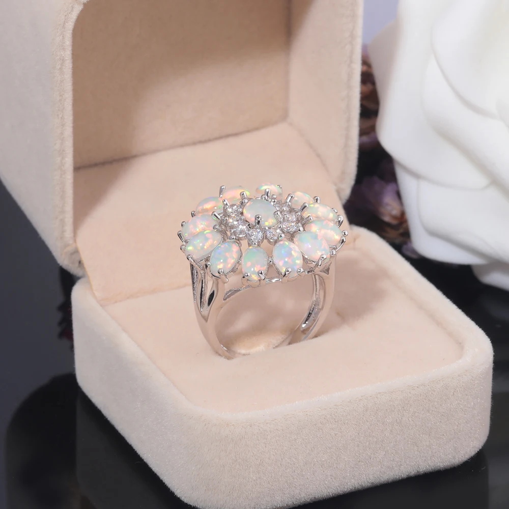 CiNily Luxury Created White Fire Opal Rings Cubic Zirconia Silver Plated Flower Ring for Women Engagement Party Fashion Jewelrys