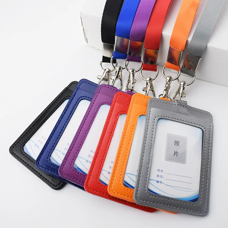 PU Leather Company Employees Staff ID Tag Cover Case Work Card Holder Bus Card Sleeve with Lanyard Identity Badge Card Case