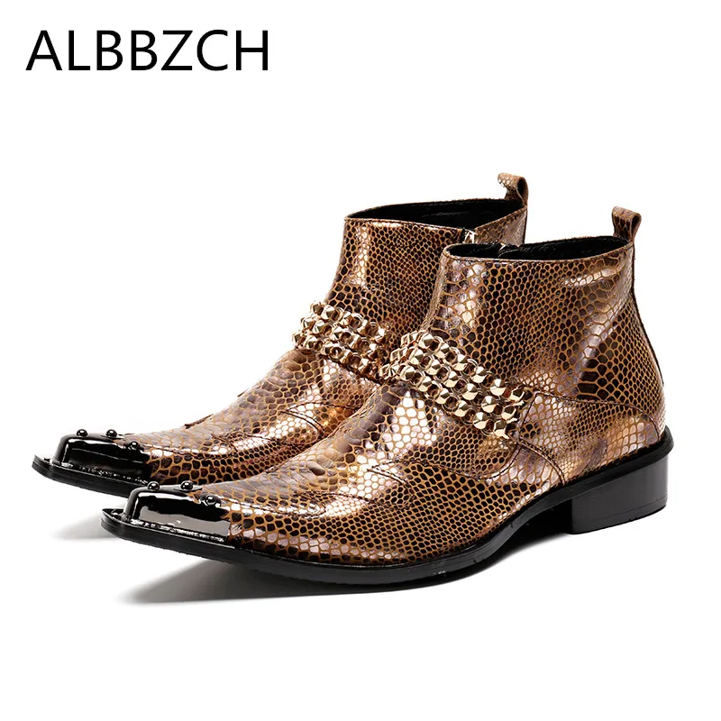 

Golden Pointed Toe Ankle Boots Western Cowboy Wedding Dress High Top Shoes Men Luxury Leisure Party Personalized Short Boots