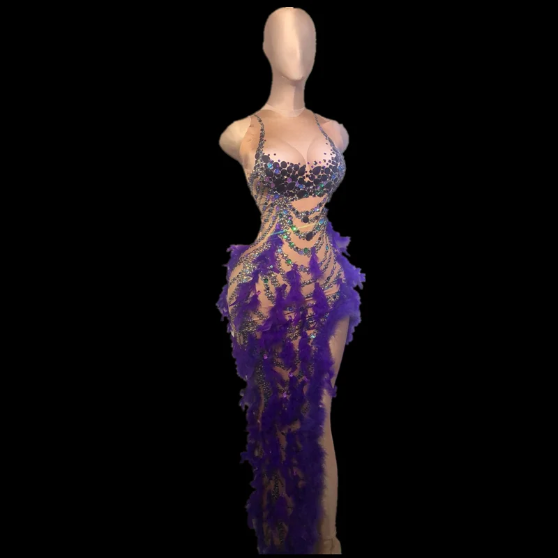 Sexy Purple Crystal Feather Long Dress Women Stretch Nude Evening Party Bodycon Dress Singer Stage High Slit Rhinestone Dress