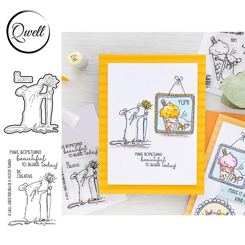 QWELL Dies & Stamps Combo Lovable Mouse Be Creative Painting Tool DIY Scrapbooking Cards Craft 2021 Hot Sale Making Template