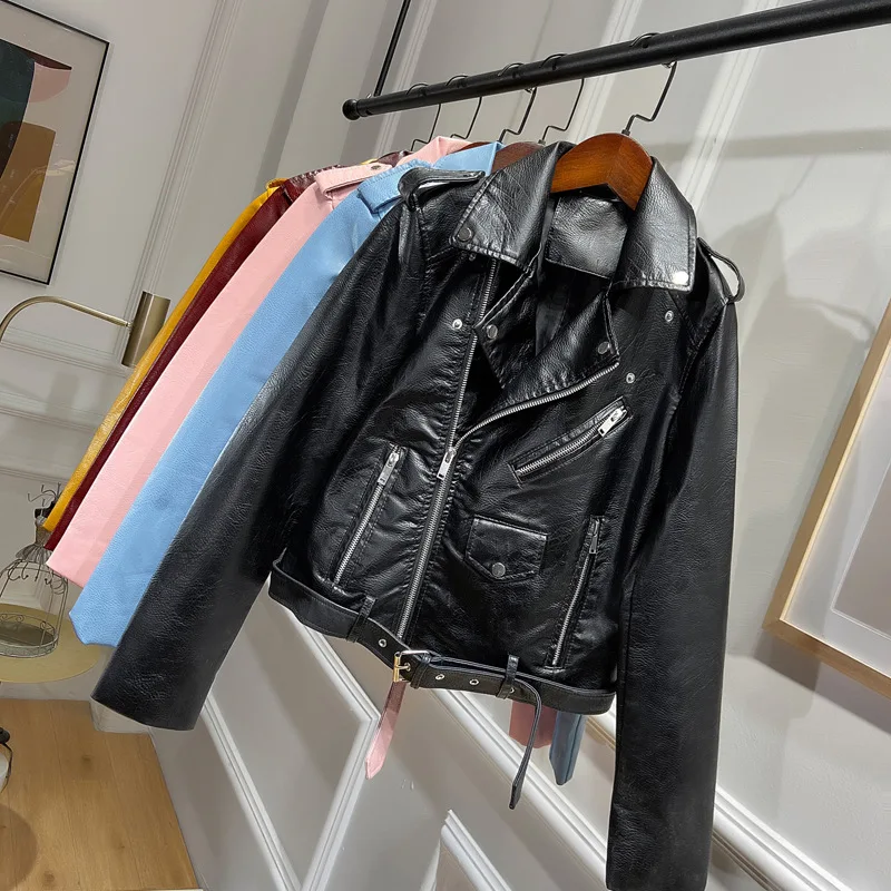 Motorcycle Biker Jackets Soft PU Short Leather Coat with Belt Women Faux Leather Jacket Black Yellow Pink