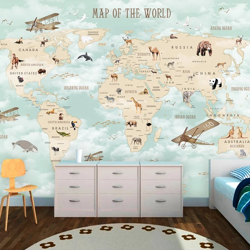 Custom Cartoon Animal World Map Background Wall 3D Wallpaper Living Room Bedroom Children Decoration Papier Peint Mural Tapety