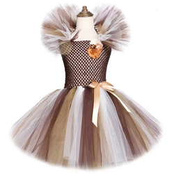 Brown Jungle Lion Tutu Dress for Girls Christmas Halloween Costumes Children Animal Party Disguise Outfit Kids New Years Clothes