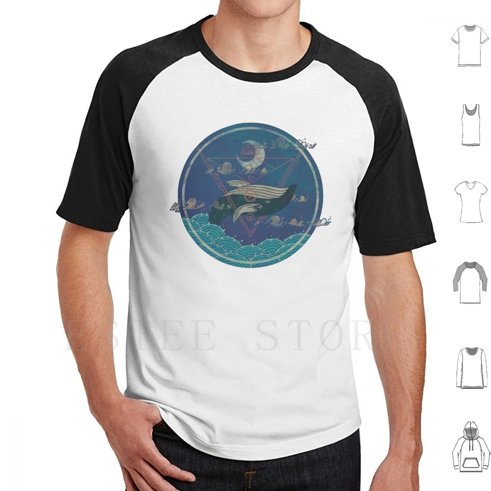 Nightly Ritual T Shirt Print Cotton Whale Nature Sea Ocean Waves Geometric Geometric Clouds Circles Moon Night Stars Starry