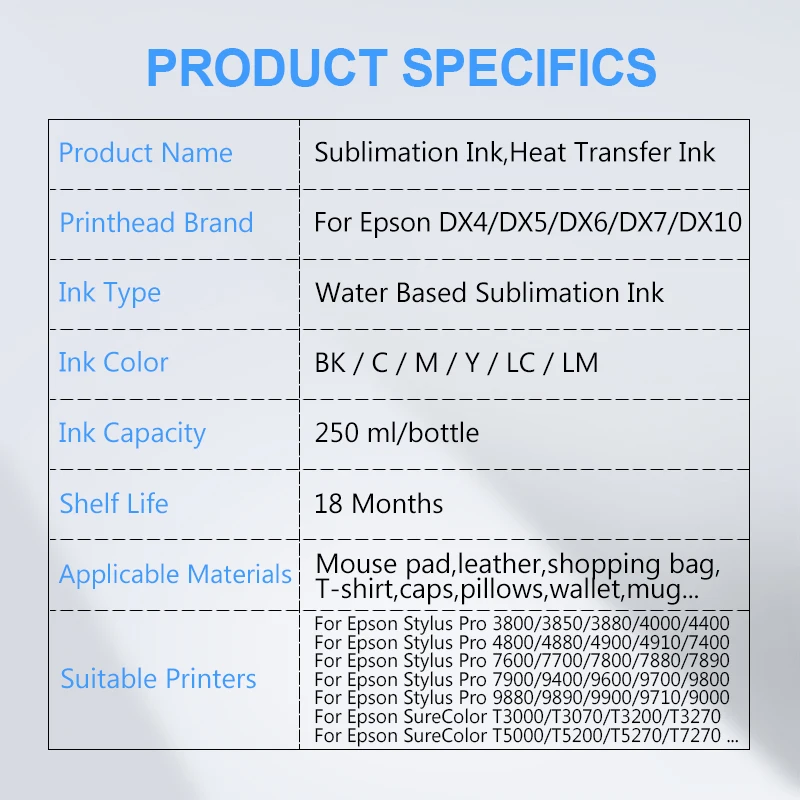 Sublimation Ink 250ML/Set Heat Transfer Ink For Epson 3800 3880 4800 4880 7700 9700 7800 7880 7600 9600 9800 9880 T3270 T5270