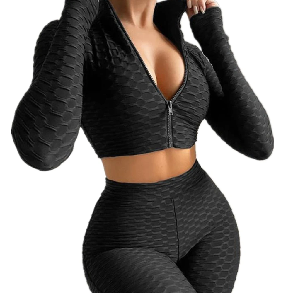 

Workout Long Sleeve Fitted Crop Top Women, Zip Up Sports Casual Jacquard Yoga Tops, Gym Clothing, Sexy Fitness Outer Shirts