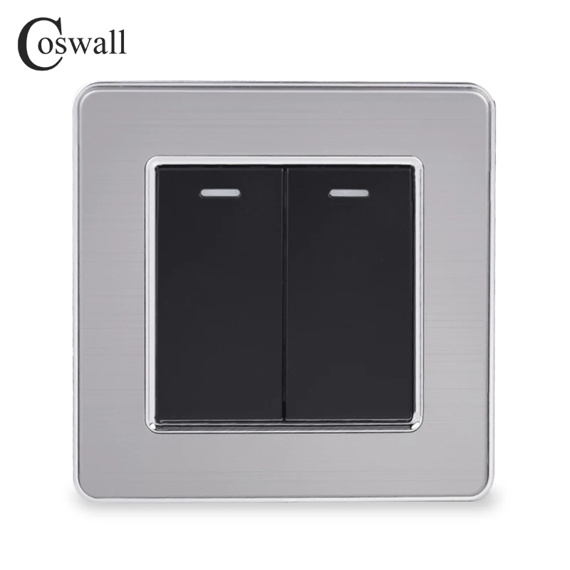 Coswall 2 Gang 2 Way Luxury Light Switch On / Off Wall Switch Pass Through Interruptor Stainless Steel Panel AC 110~250V