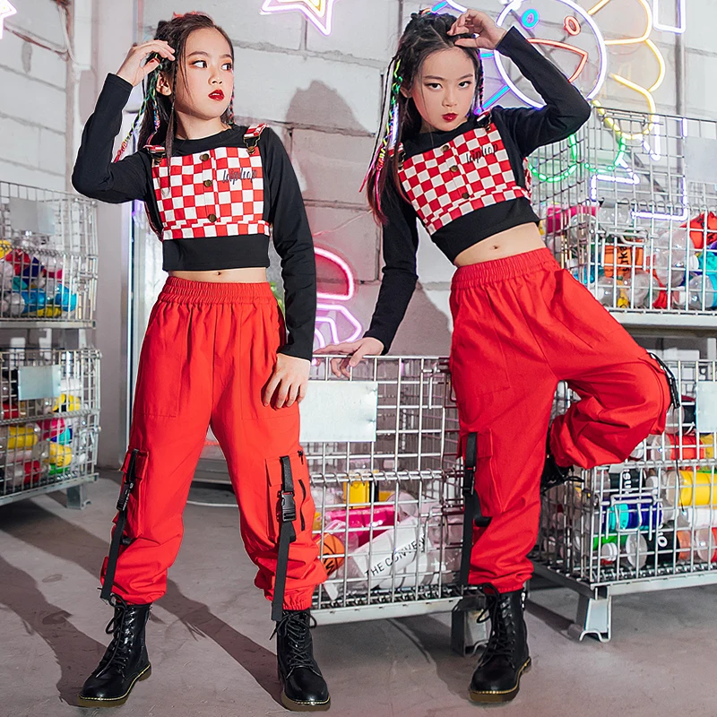 

New Ballroom Hip Hop Dance Clothes For Girls Red Plaid Vest Tops Cargo Pants Kids Jazz Street Dance Catwalk Stage Costume BL7095