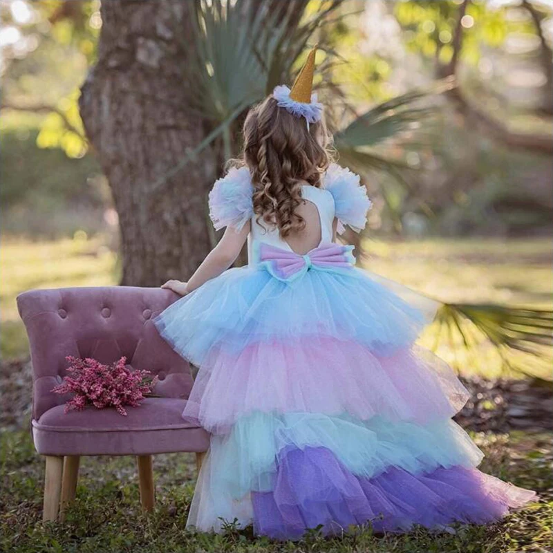 Unicorn Dress For Girls Birthday Party Costume Christmas Princess Dress With Long Tail Kid Anniivesary Clothes Backless Vestidos