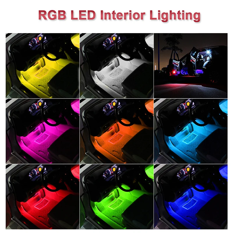 Car Interior Atmosphere LED RGB Strip Light Dash Floor Foot RGB LED Strip Decorative Light Music sound Control Multiple lighting