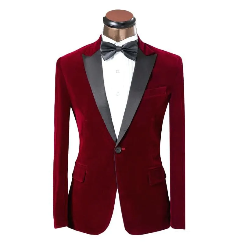 

Burgundy Velet Grooms Wear Wedding Tuxedos Men's Suit Blazers Prom Dinner Party Jacket Bows Without Pants