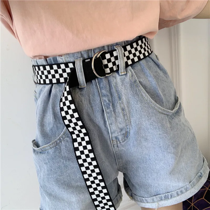 Cintura in tela a scacchiera Casual Plaid bianco nero anello a D doppia fibbia cinturino a vita lunga studente adolescente uomo donna Jeans cinture