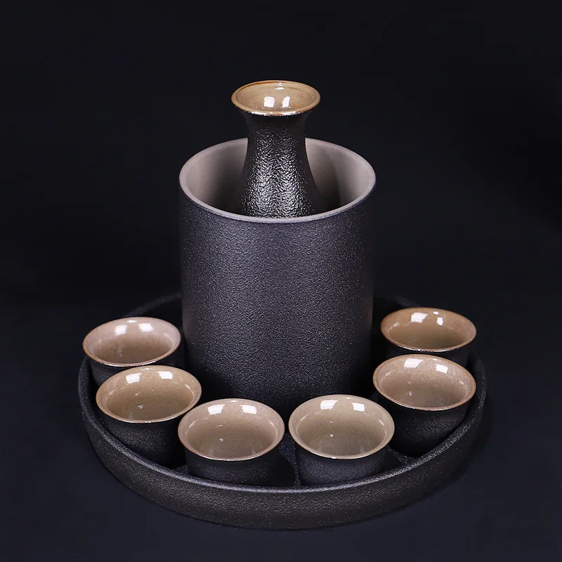 

Japanese Style Ceramic Sake Pot Cup Set Black Pottery Liquor Wine Bottle Cups Tray